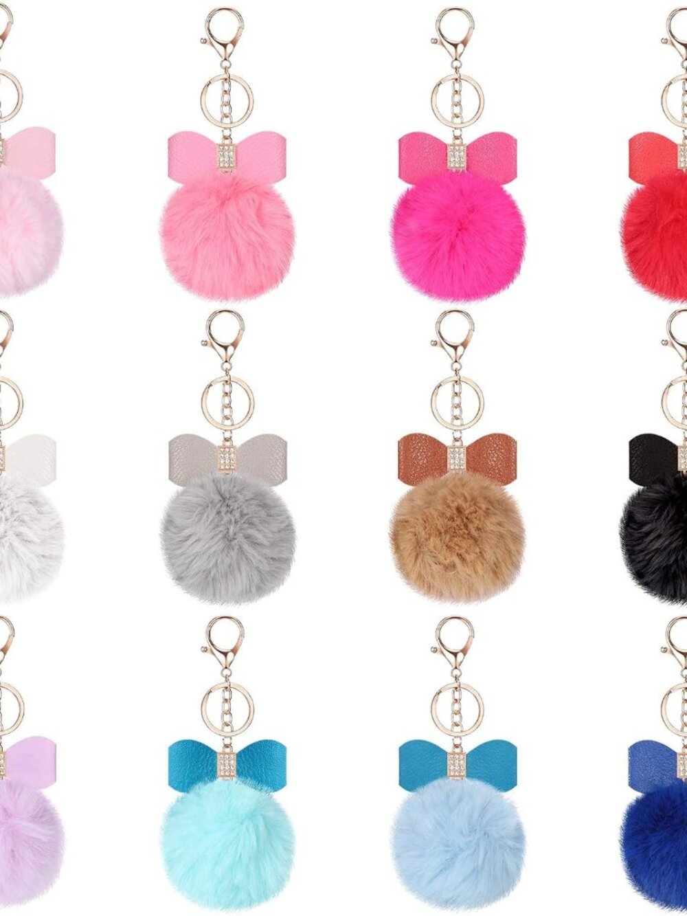 12 Pcs Pom Pom Keychain Bulk Bow Rhinestone Fluffy Pompoms Keychain Purse Bags C